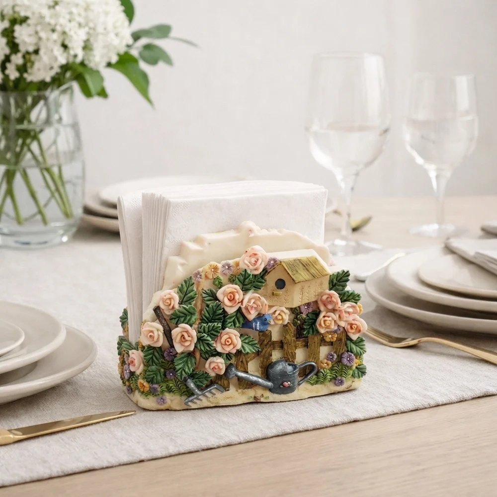 Springtime Floral Garden Scene Resin Napkin Holder
